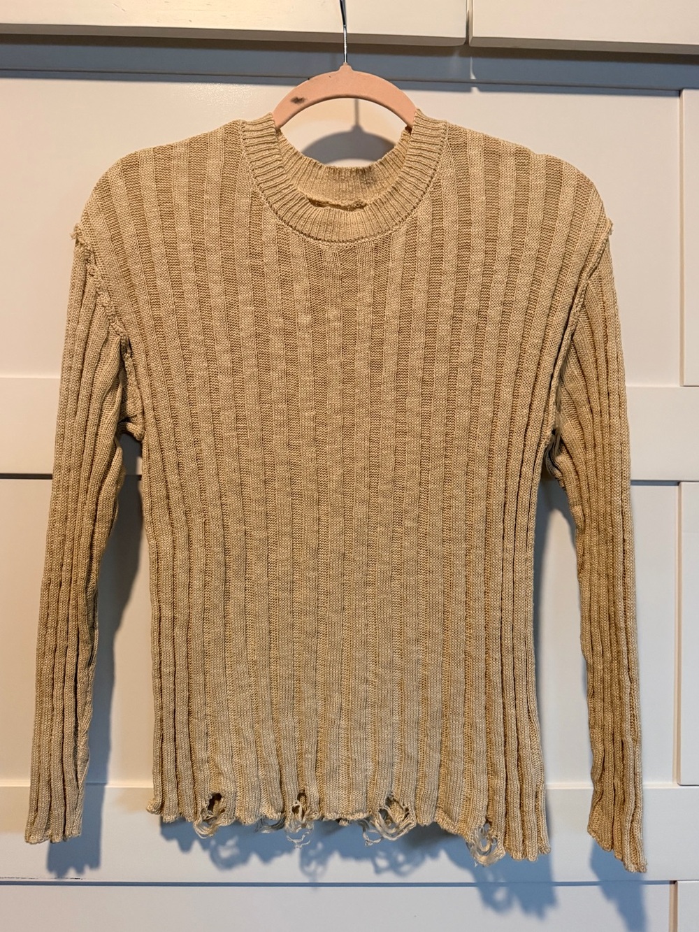 Heyson Distressed Ribbed Knit Sweater Cream Tan Beige Small ESW1084